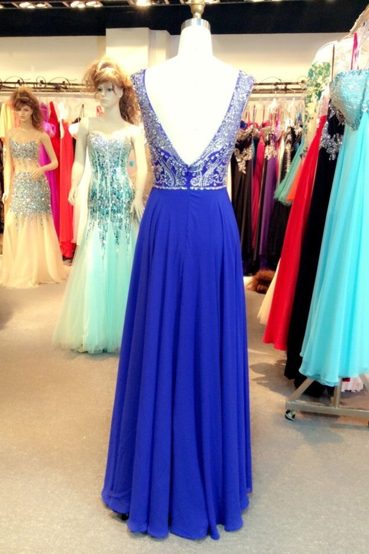 2022 Prom Dresses A-Line Scoop Floor-Length Dark Royal Blue Chiffon Beaded Bodice