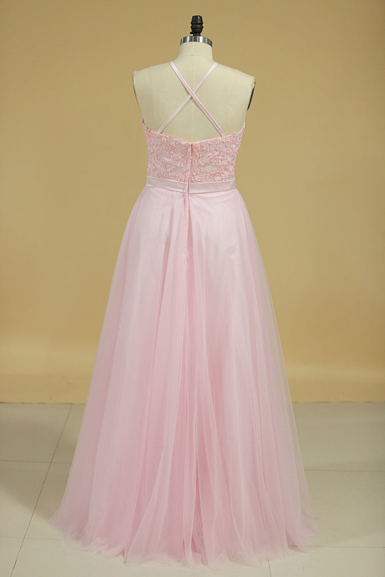 2022 Bridesmaid Dresses Scoop Open Back Tulle With Embroidery And Beads