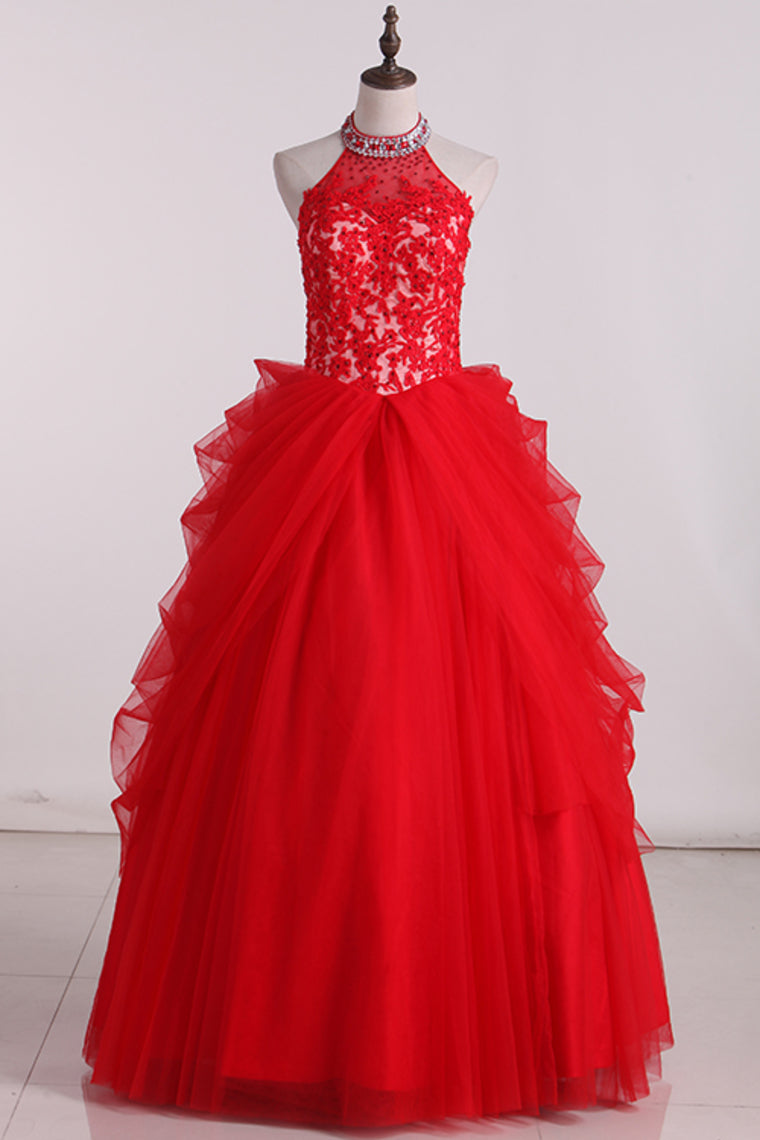 2024 High Neck Tulle With Applique Ball Gown Quinceanera Dresses Floor Length