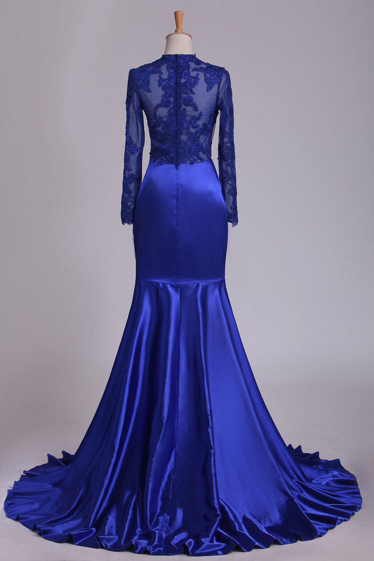 2022 Long Sleeve Evening Dresses Mermaid/Trumpet Elastic Satin With Applique Dark Royal Blue