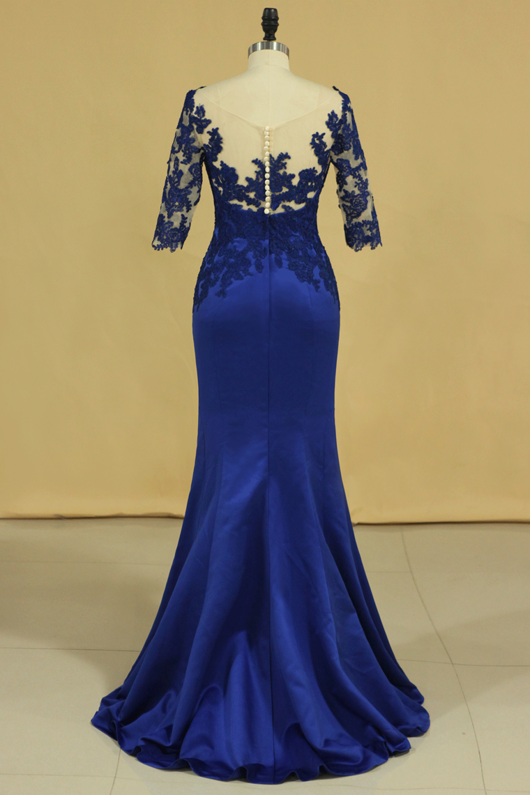 2022 Bateau Dark Royal Blue Mother Of The Bride Dresses 3/4 Length Sleeve With Applique Satin Dark Royal Blue