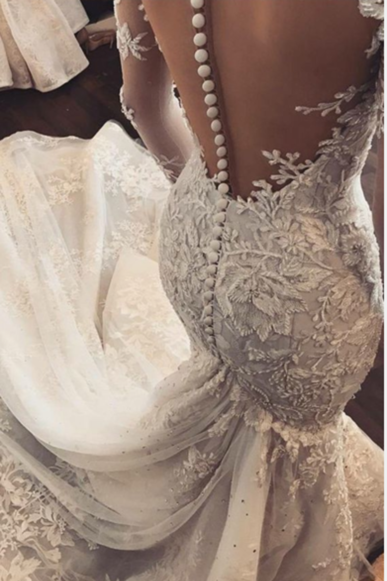 Modest Long Mermaid Scoop Lace Long Sleeves Wedding Dresses Bridal Dresses Appliques