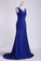 2022 V Neck Pleated Bodice Column Sweep Train Prom Dress With Beads