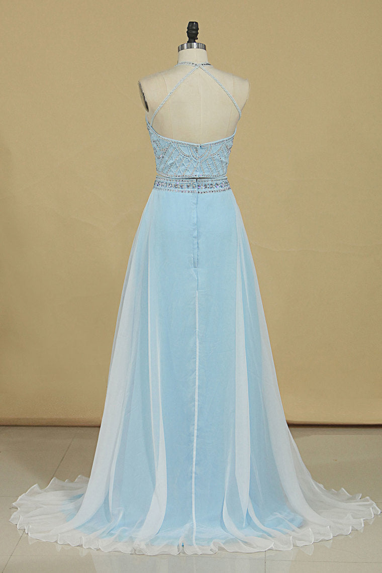 2022 Two-Piece Halter A Line Prom Dresses With Beading And Rhinestones Bicolor Chiffon & Tulle