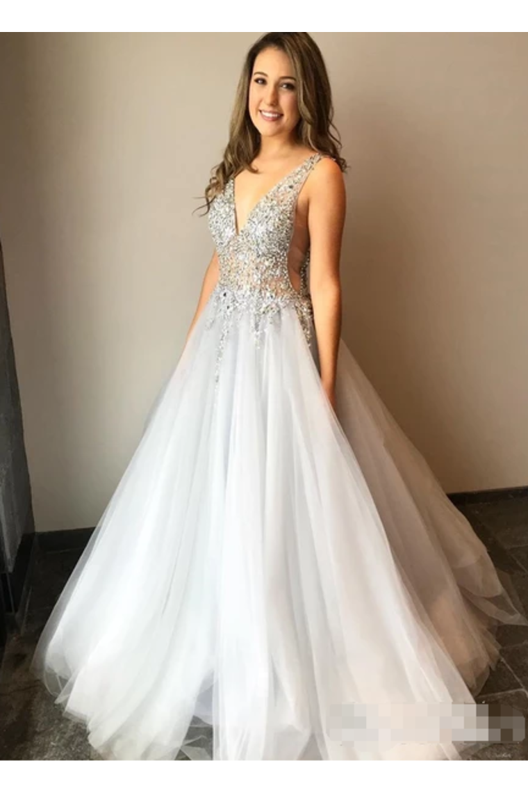 Tulle V Neck Ball Gown With Re-Embroidered Lace Appliques Prom/Wedding Dresses