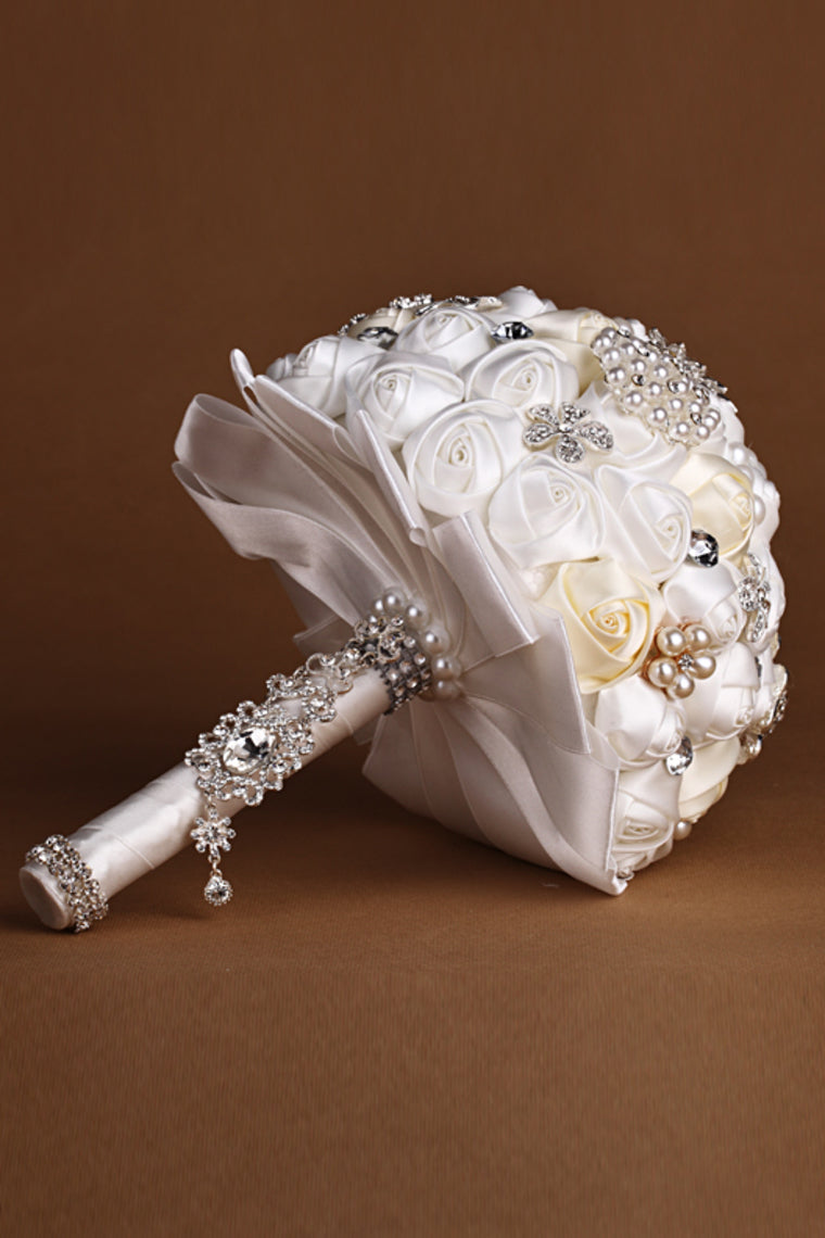 Pure White&Ivory Ribbon Roses With Pearls Wedding Bouquet (27*20cm)