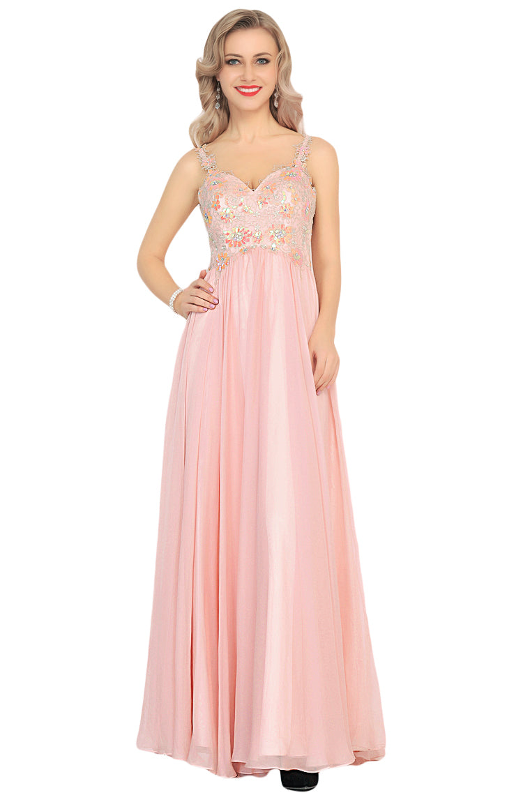 2024 A Line Spaghetti Straps Prom Dresses Chiffon With Beads And Applique