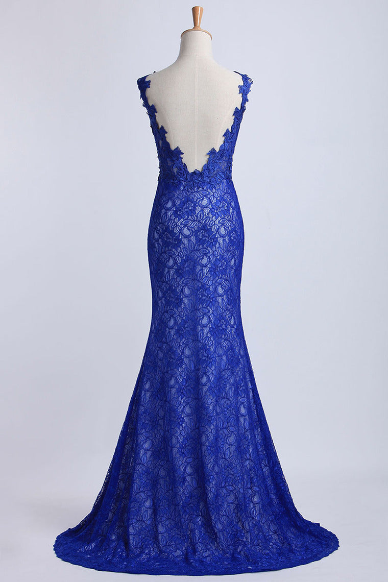 2024 Evening Dresses Bateau Mermaid With Deep V Shape Back Lace&Tulle Dark Royal Blue