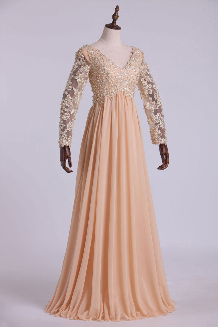 2022 Best Selling Prom Dresses Long Sleeves A Line V Neck Chiffon