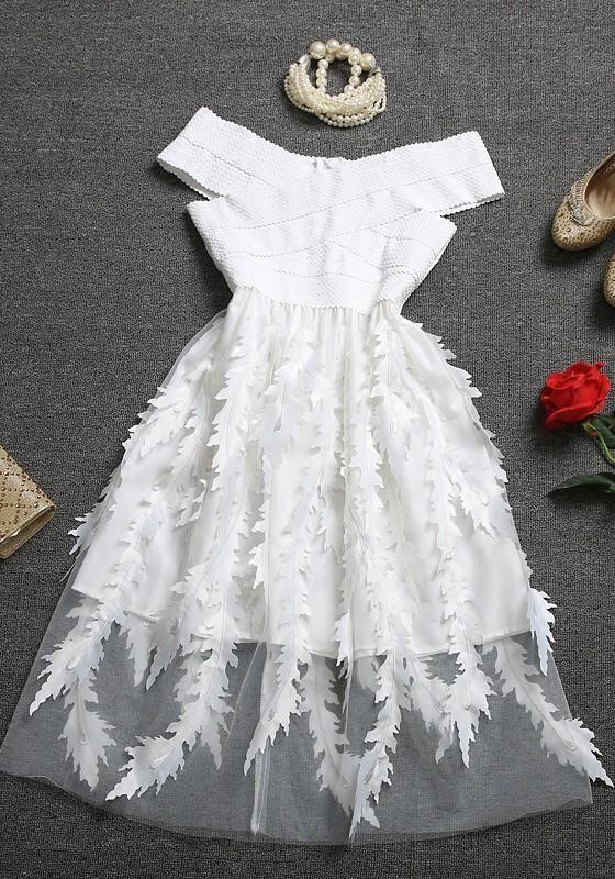 White Homecoming Dresses Lyla Floral Patchwork Tulle Bandage Off Shoulder Party Flowy Midi Dress DZ10423