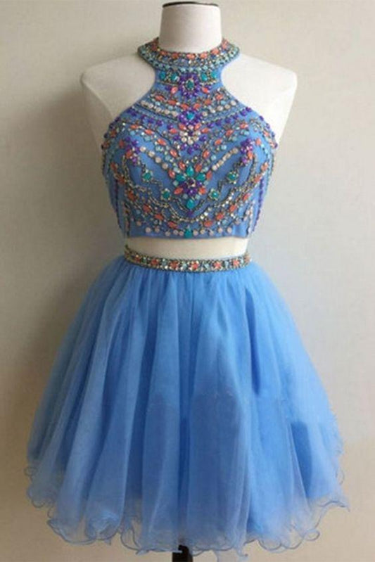 Light Blue Organza Beading Sequins A-Line Short For Teens Party Dresses Una Two Pieces Homecoming Dresses DZ10497