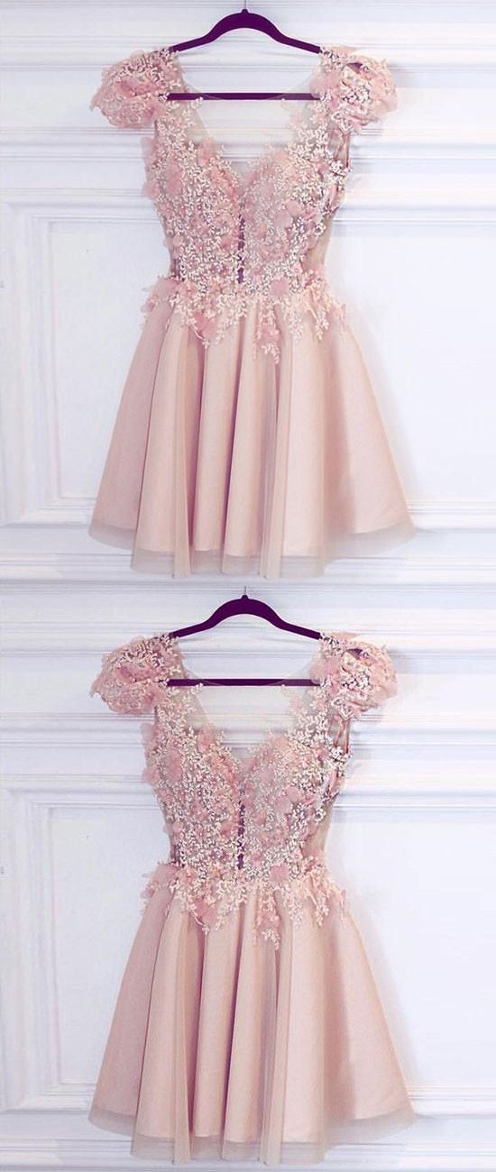 A-Line Deep V-Neck Cap Sleeves Homecoming Dresses Pink Jaycee Tulle Short With Appliques DZ1051