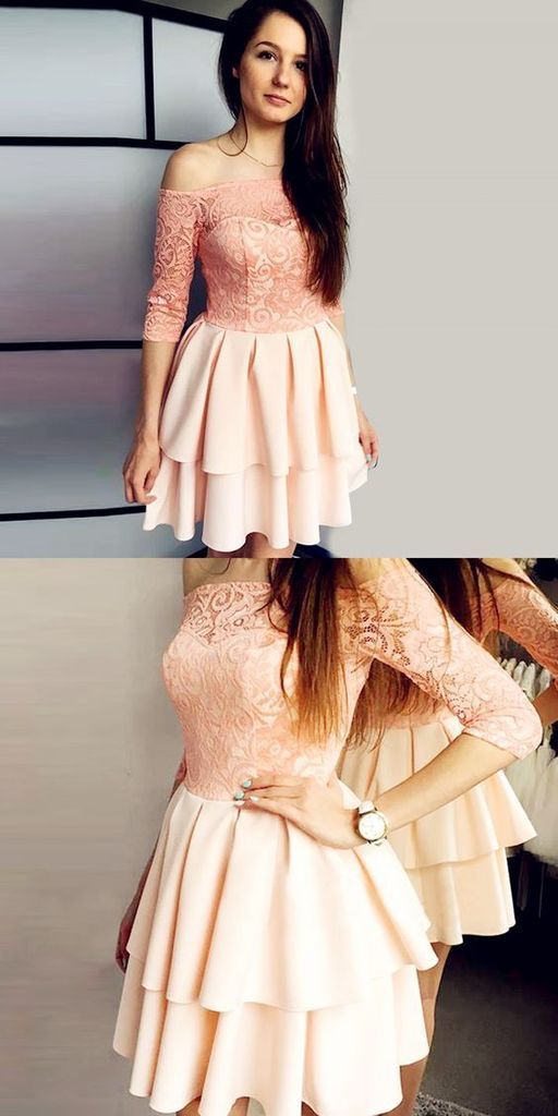 Jaiden Lace Homecoming Dresses Pink Off The Shoulder 3/4 Sleeves Short With DZ10564