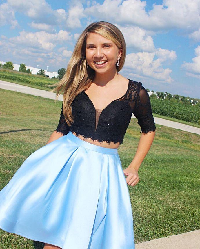 Zaria Lace Homecoming Dresses Open Back Black Top Dress Blue Short Party Gown DZ10575