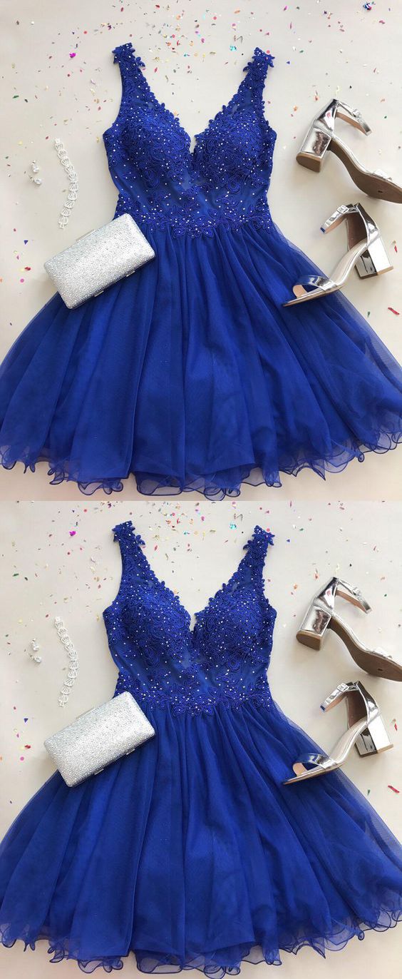 Cute V Neck Tulle A Line Homecoming Dresses Lina Royal Blue Beaded Short With Appliques DZ1059