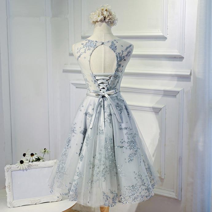 Elegant A-Line Lorena Homecoming Dresses Scoop Sleeveless Open-Back Silver Tulle Short DZ10706