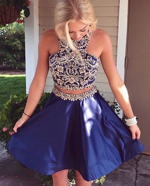 Two Piece Homecoming Dresses Liberty Short Navy Blue Dresses Beaded Short Dancing Dresses DZ1082
