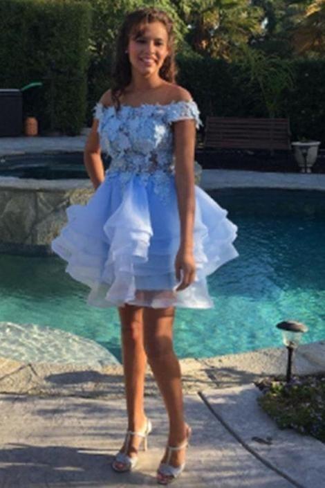 Off The Shoulder Tulle Light Blue Tiered Tulle Hailee Homecoming Dresses With Appliques DZ10939