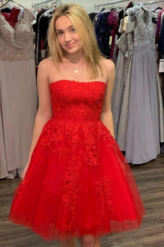 Strapless Red Appliques Homecoming Dresses Akira Lace Short DZ10959