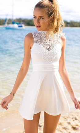 A-Line Jewel Sleeveless Short Open Hana Homecoming Dresses Lace Satin Back White Stretch With DZ1121