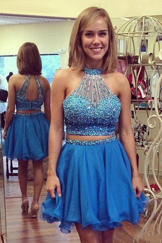 Halter Two Pieces Mara Homecoming Dresses Sleeveless With Beaded DZ11460