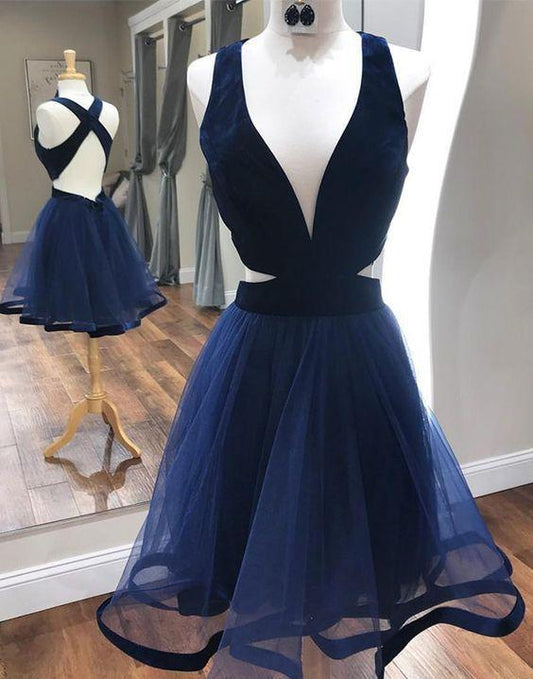 Deep V-Neck Sexy Dresses With Criss Cross Cocktail Jazmyn Homecoming Dresses A Line Back Navy Blue DZ11695