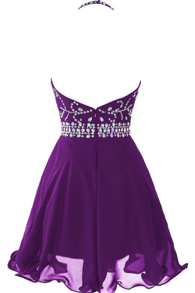 Beautiful Purple Halter Sarah Chiffon Homecoming Dresses Beaded Knee Length Party Dress DZ11704