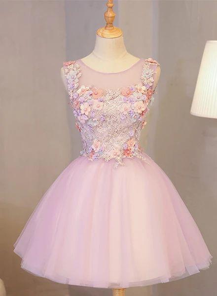 Cute Round Adrianna Homecoming Dresses Pink Neckline Tulle Party Dress With Flowers Lovely Formal Dress DZ12118