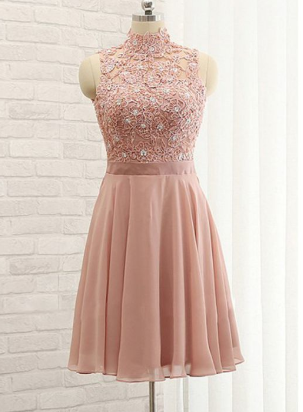 A-Line High Neck Short Dress Short Dresses Lace Leticia Pink Homecoming Dresses Cheap DZ1224