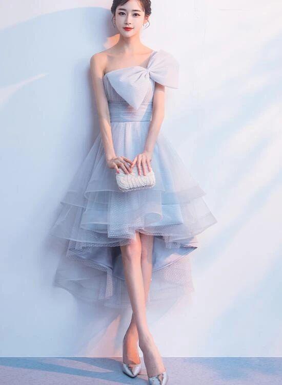 Grey Tulle One Shoulder High Low Party Dress Jaylynn Homecoming Dresses Grey With Bow DZ12262