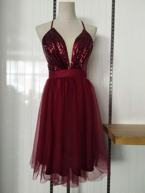 Dark Red Sequins Halter V-Neckline Tulle Party Homecoming Dresses Salome Dress Short DZ12266
