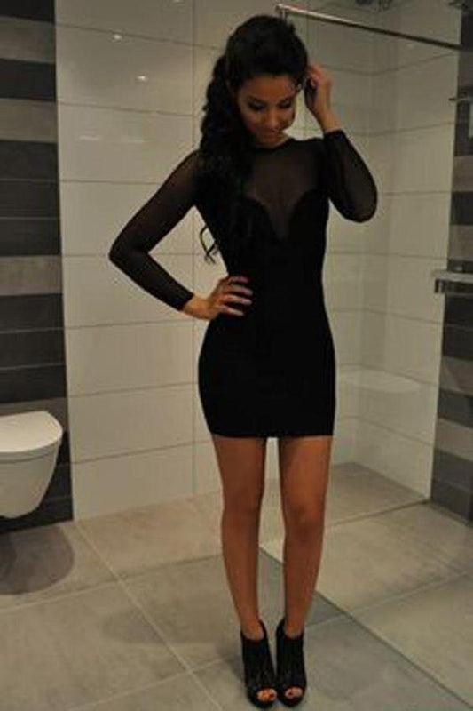 Black Round Neck Short Dress Long Sleeve Rory Homecoming Dresses Sheer Back Cheap Party Dress DZ1259