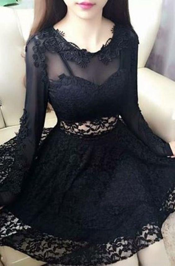 Sexy Black Jewel Neck Long Sleeves Macy Homecoming Dresses Lace A-Line Short DZ1282