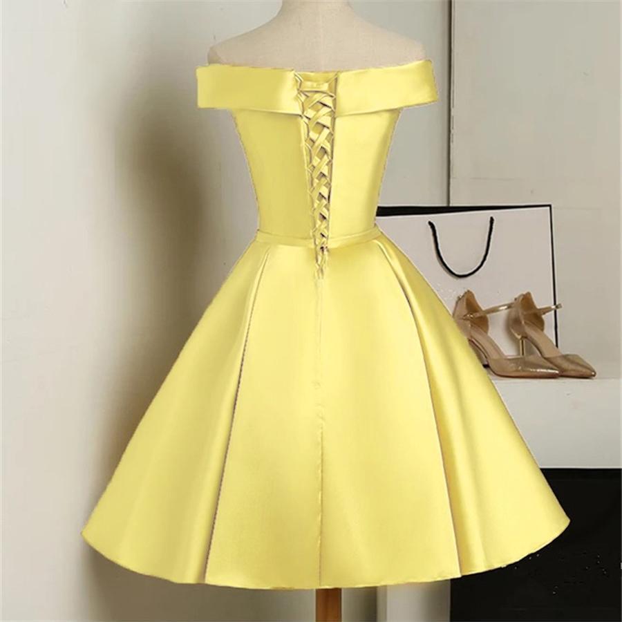 Custom Yellow Off Shoulder Short Party Dress For Letty Tamara Satin Homecoming Dresses DZ12873