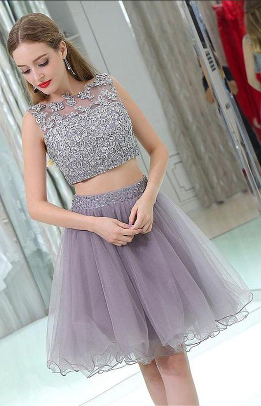 Gray Homecoming Dresses Two Pieces Lace Braelyn DZ1291