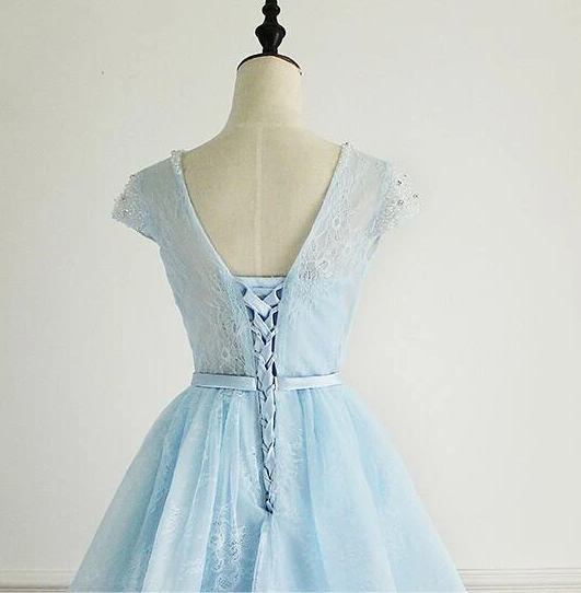 Light Blue Cap Sleeves Cute Short Party Dress Homecoming Dresses Lace Kamora Blue DZ12963