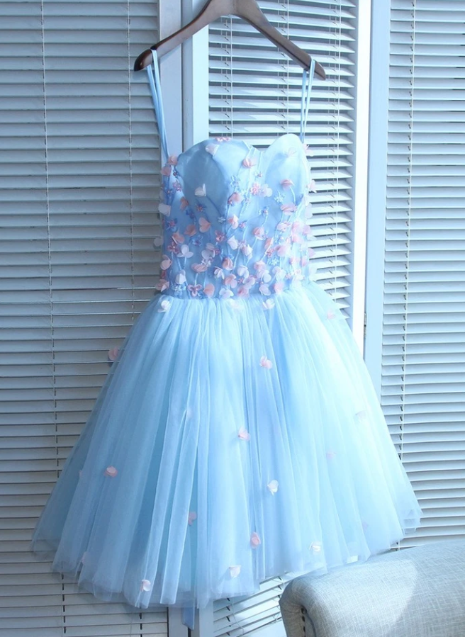 Light Blue Sweetheart Short Handmade Homecoming Dresses Hannah Party Dress Blue Flowers DZ13080
