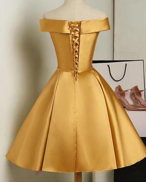 Cute Golden Knee Length Off Shoulder Dress Short Livia Satin Homecoming Dresses DZ13132