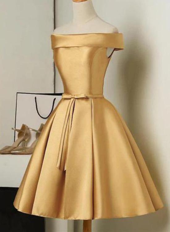 Cute Golden Knee Length Off Shoulder Dress Short Livia Satin Homecoming Dresses DZ13132