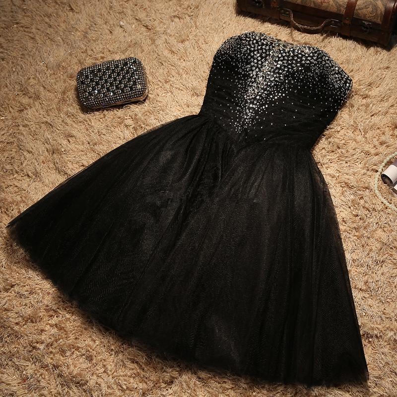 Black Sparkle Beaded Sweetheart Tulle Jeanie Homecoming Dresses Black DZ13176