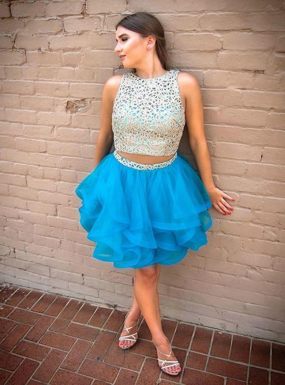 Lace Kate Homecoming Dresses Two Piece Short Blue Tulle DZ13481