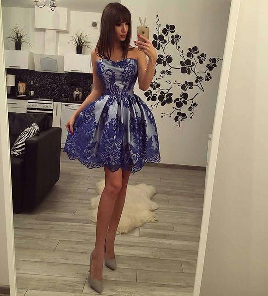 Sweetheart Short Ball Lace Cocktail Royal Blue Homecoming Dresses Karly Gown Party Dress With Overlay DZ14069