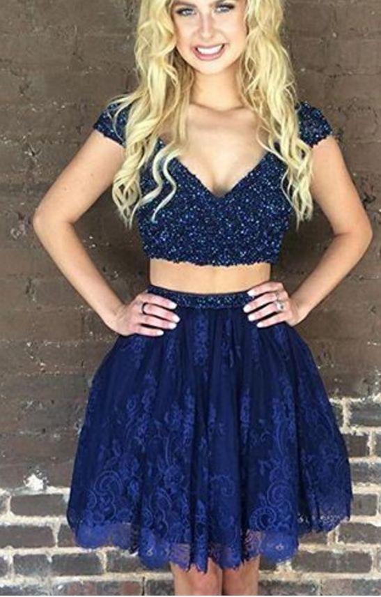 Blue Beaded Lace Gill Two Pieces Homecoming Dresses DZ14212
