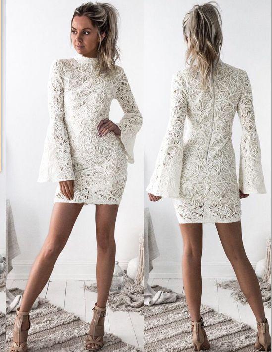 High Homecoming Dresses Ivory Lace Aspen Neck Tight Graduation With Bell Sleeves DZ1444