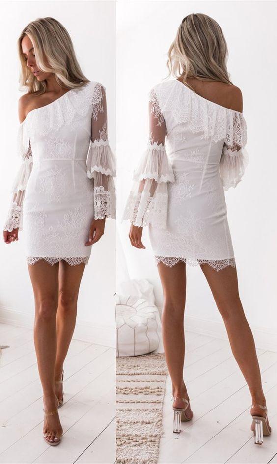 Sheath One Shoulder Long Homecoming Dresses Alma Lace Sleeves White With Ruffles DZ1452