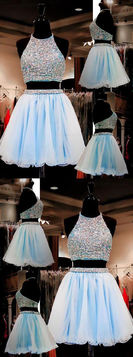 Two Piece A-Line Taniya Homecoming Dresses Halter Organza Beaded Short Light Blue DZ146