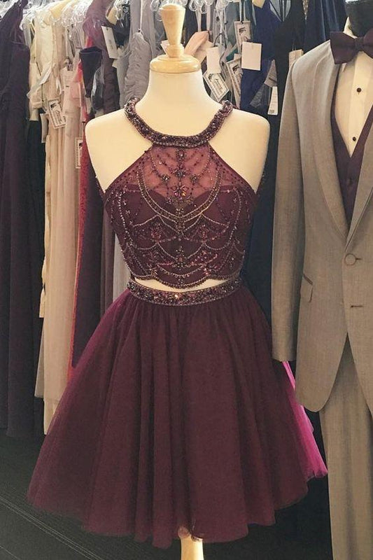 Halter Two Piece Burgundy Beaded Party Dresses Homecoming Dresses Alannah DZ1484