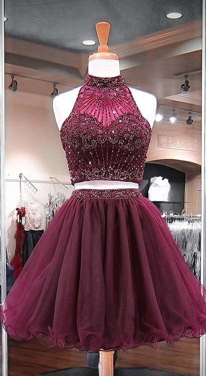 Burgundy Two Piece Homecoming Dresses Kaelyn Beading Stylish Short Tulle Party Gowns DZ1630