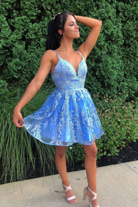 -Up Sequined Sky Blue Homecoming Dresses Katharine Lace With Flowers DZ16431
