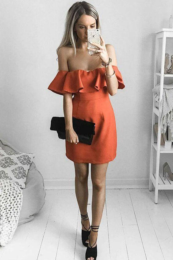 A-Line Off-The-Shoulder Short Party Dress Orange With Viola Homecoming Dresses Satin Ruffles DZ1686